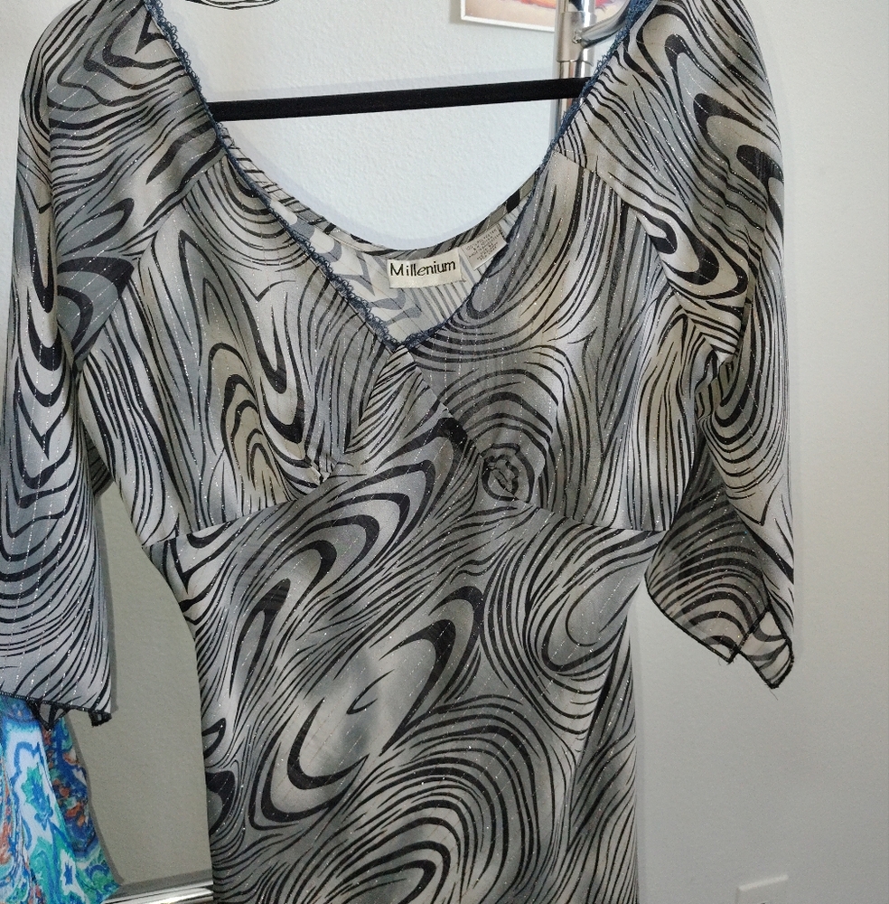 Y2K 90s Asymmetrical Blouse with fairy hem and glitter groovy print